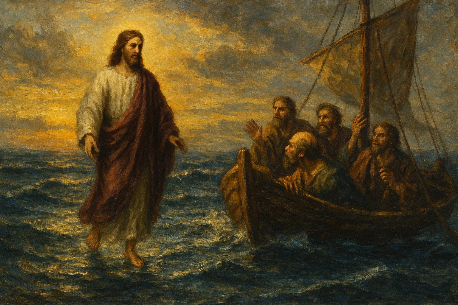 Classic oil painting showing Jesus walking toward disciples on water