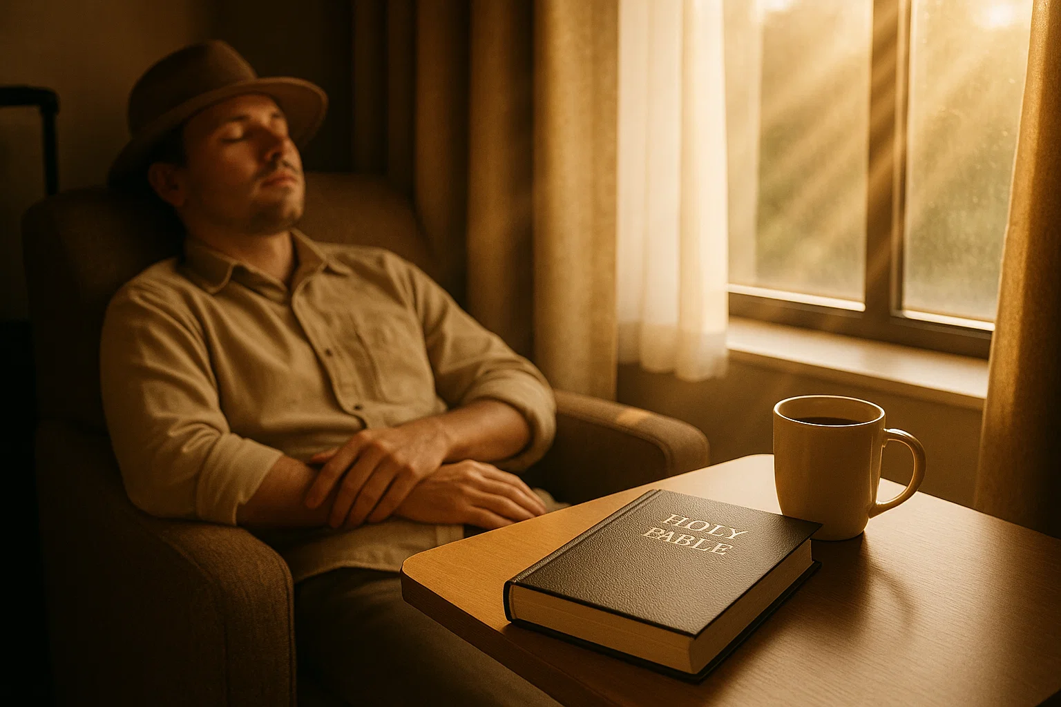 Bible and coffee near window symbolizing peace and rest