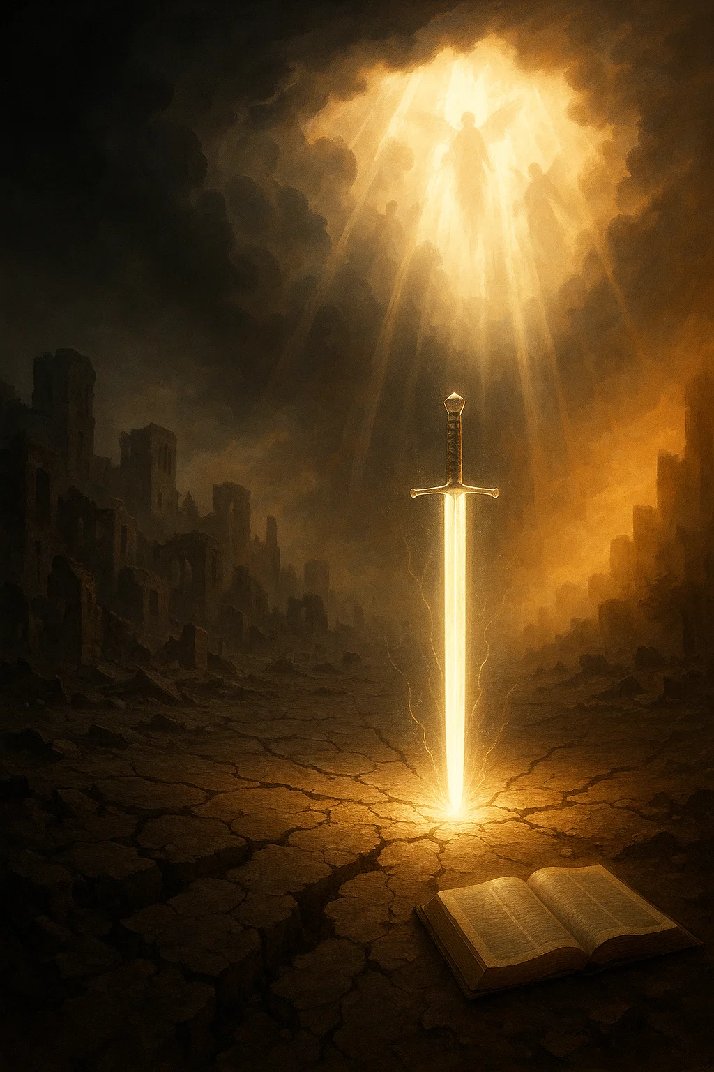 Glowing sword of light rising from ruins with divine light symbolizing redemption