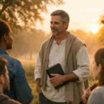 Christian leader holding Bible teaching small group outdoors at sunrise