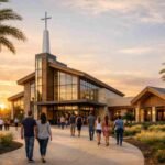 Modern Mosaic Church campus in Winter Garden Florida during sunset with welcoming entrance