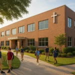Front view of Trinity Christian Academy Jacksonville FL campus with students walking and bright welcoming atmosphere