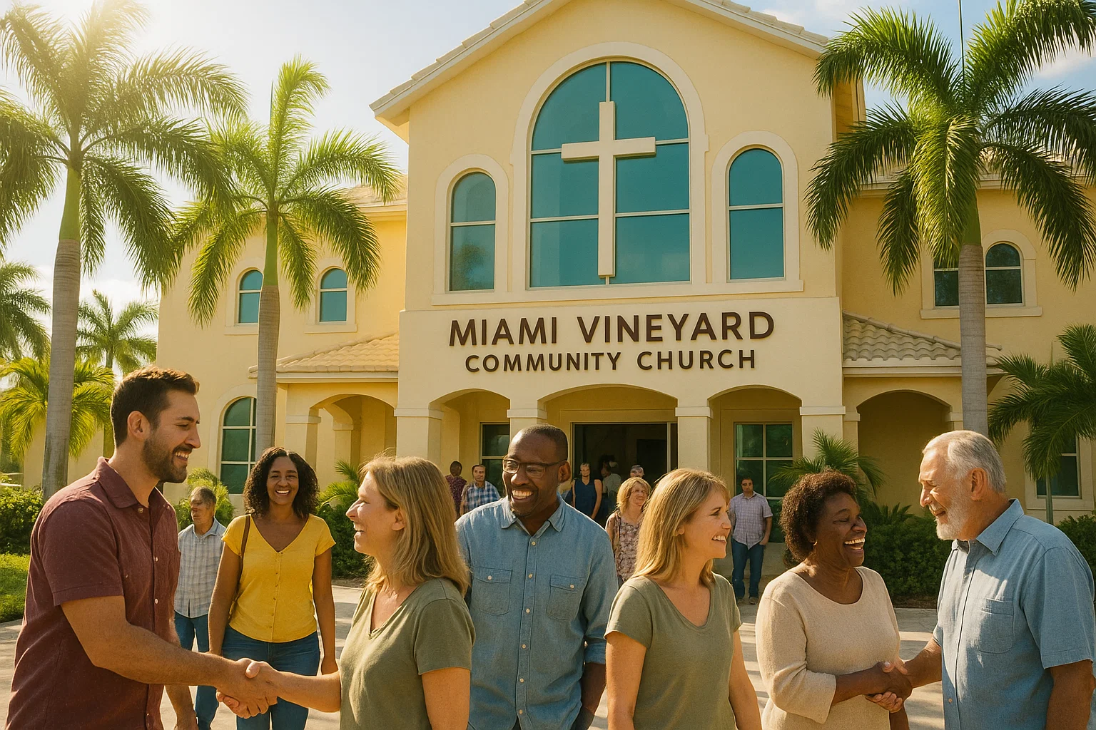 Members gathering at Miami Vineyard Community Church 33186 for Sunday worship under a bright Miami sky.
