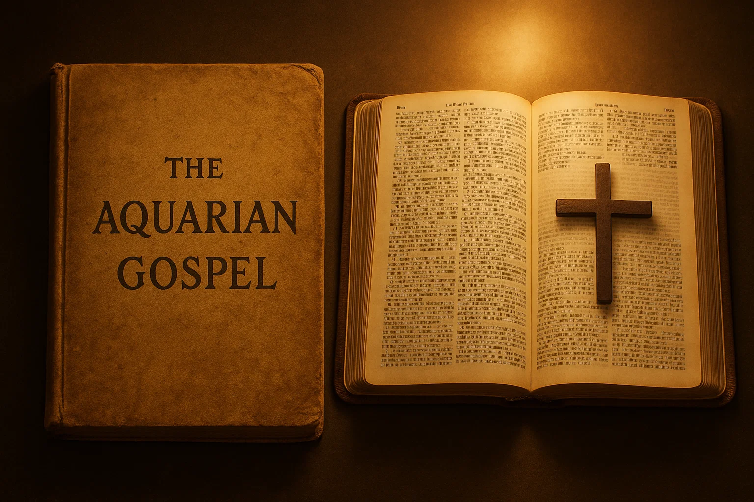 Open Bible and ancient manuscript illustrating difference between Scripture and the Aquarian Gospel