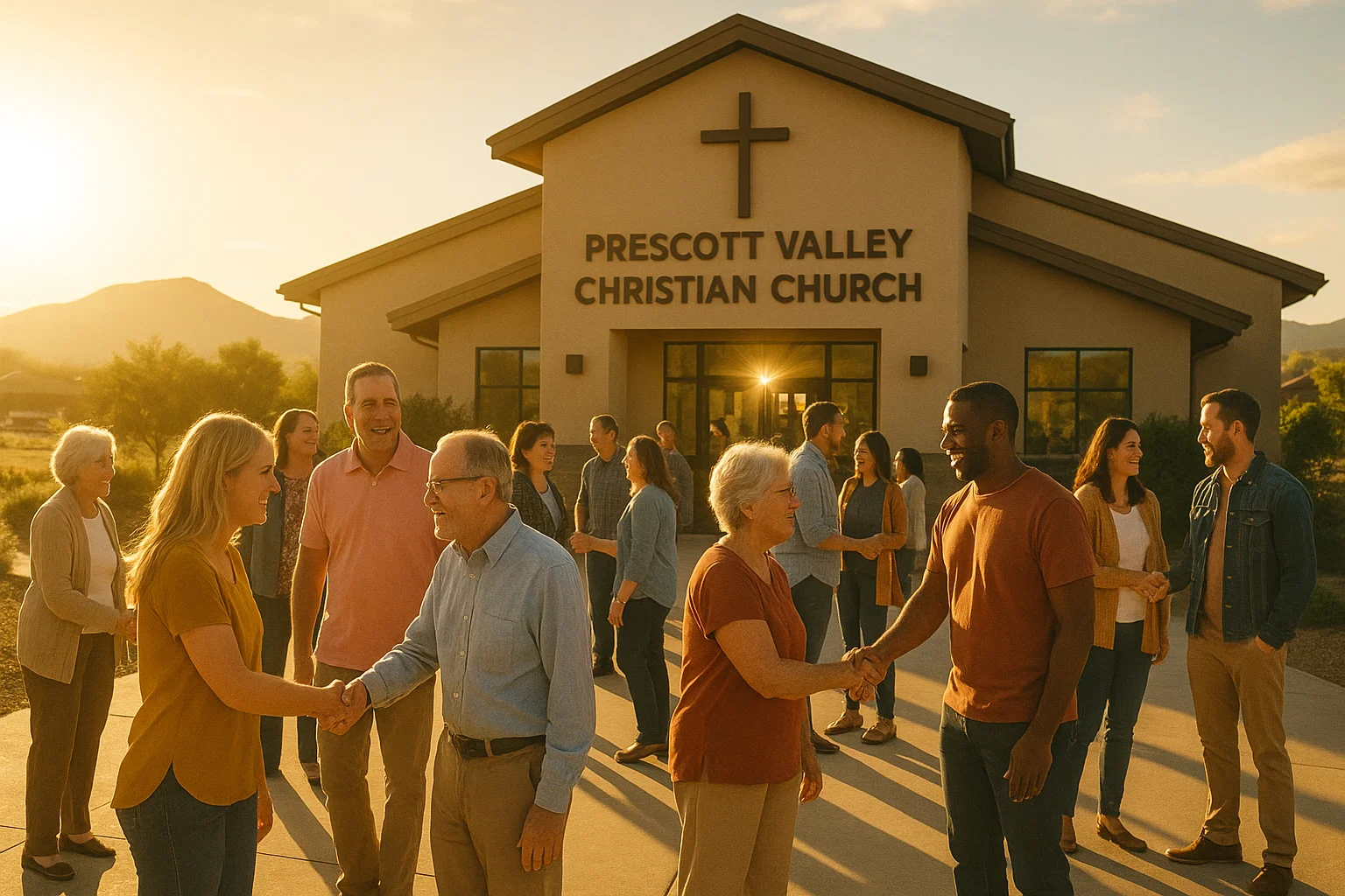Members greeting outside Prescott Valley Christian Church on a bright Arizona morning, representing faith and fellowship.