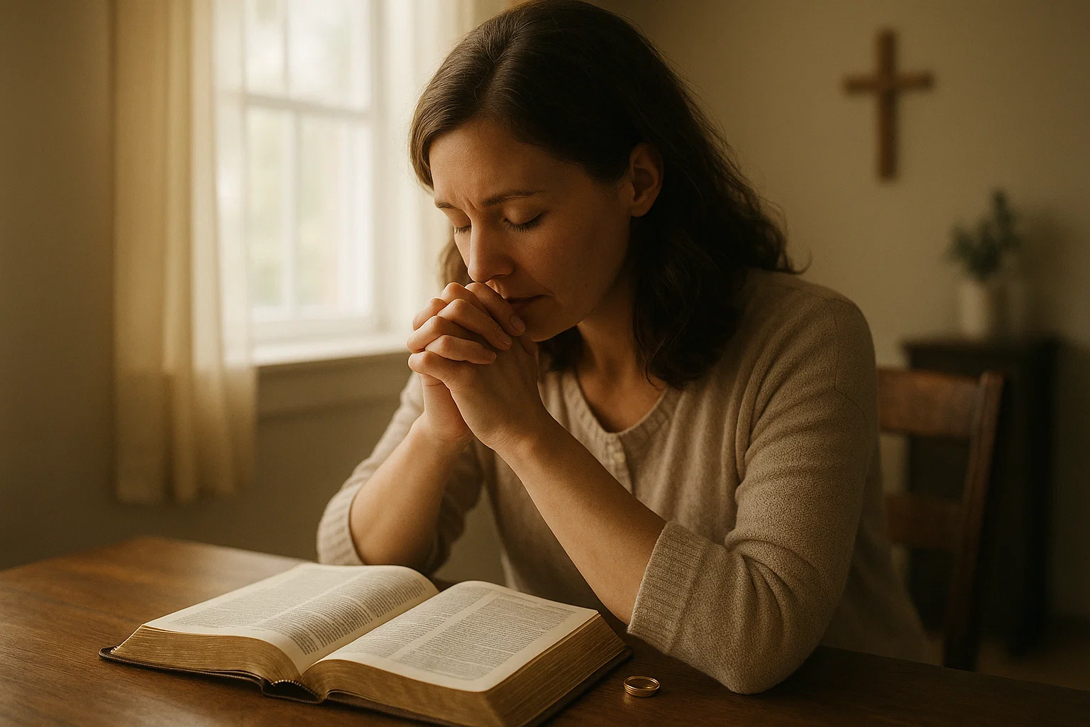 Wife praying with Bible and wedding ring beside her