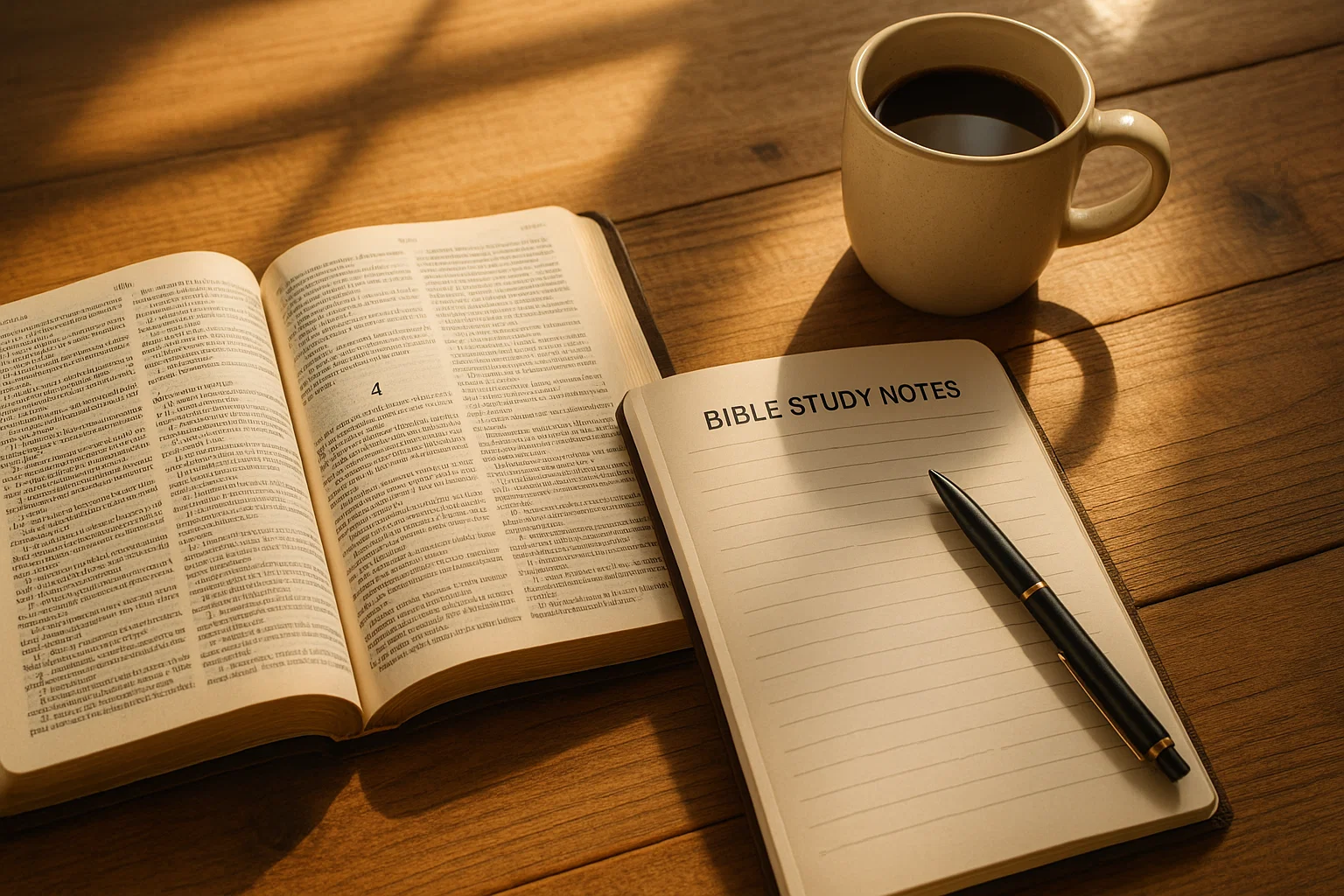 Open Bible and notebook with pen for Bible study notes