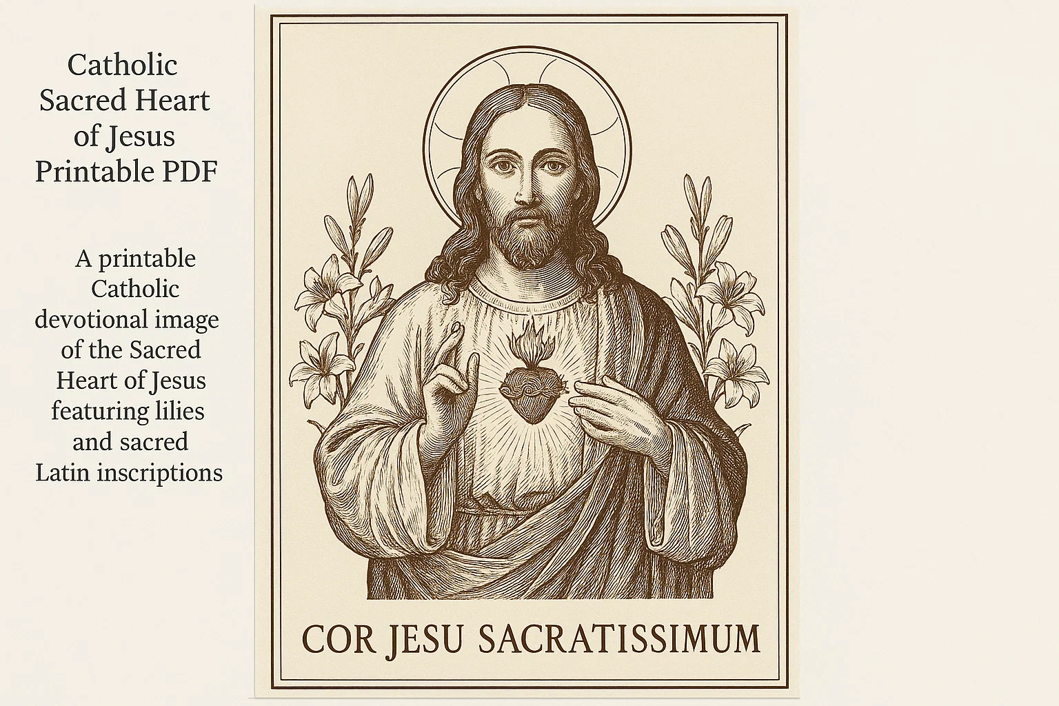 Catholic PDF of Sacred Heart of Jesus with Marian lilies and Latin prayer text