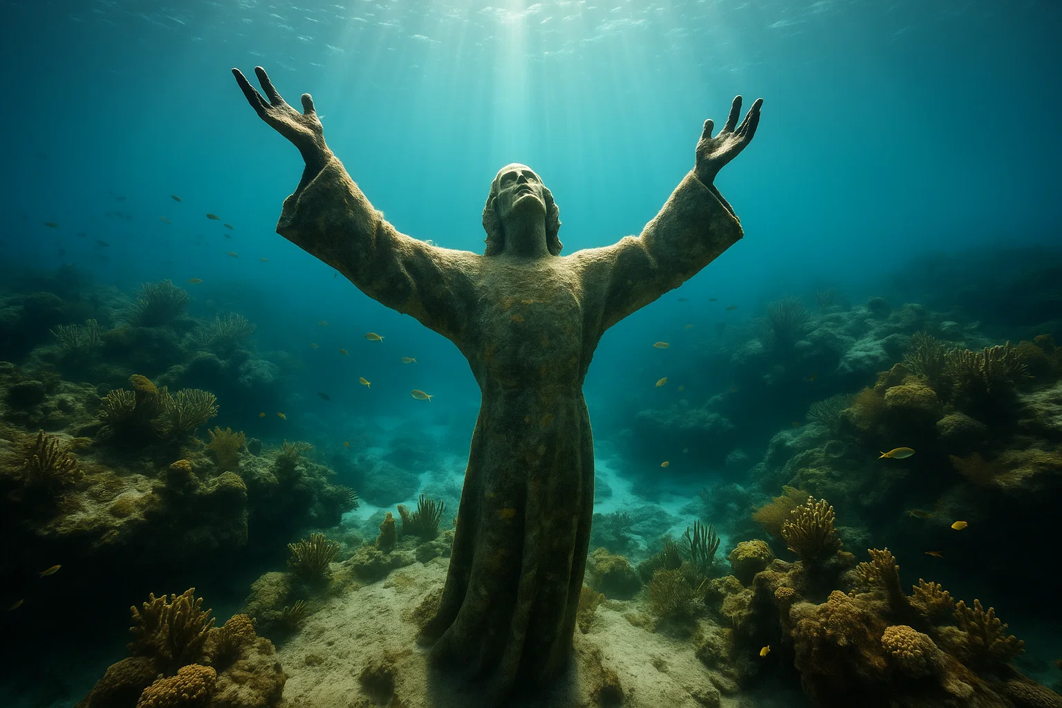 Diver near Christ of the Abyss underwater statue in Key Largo Florida