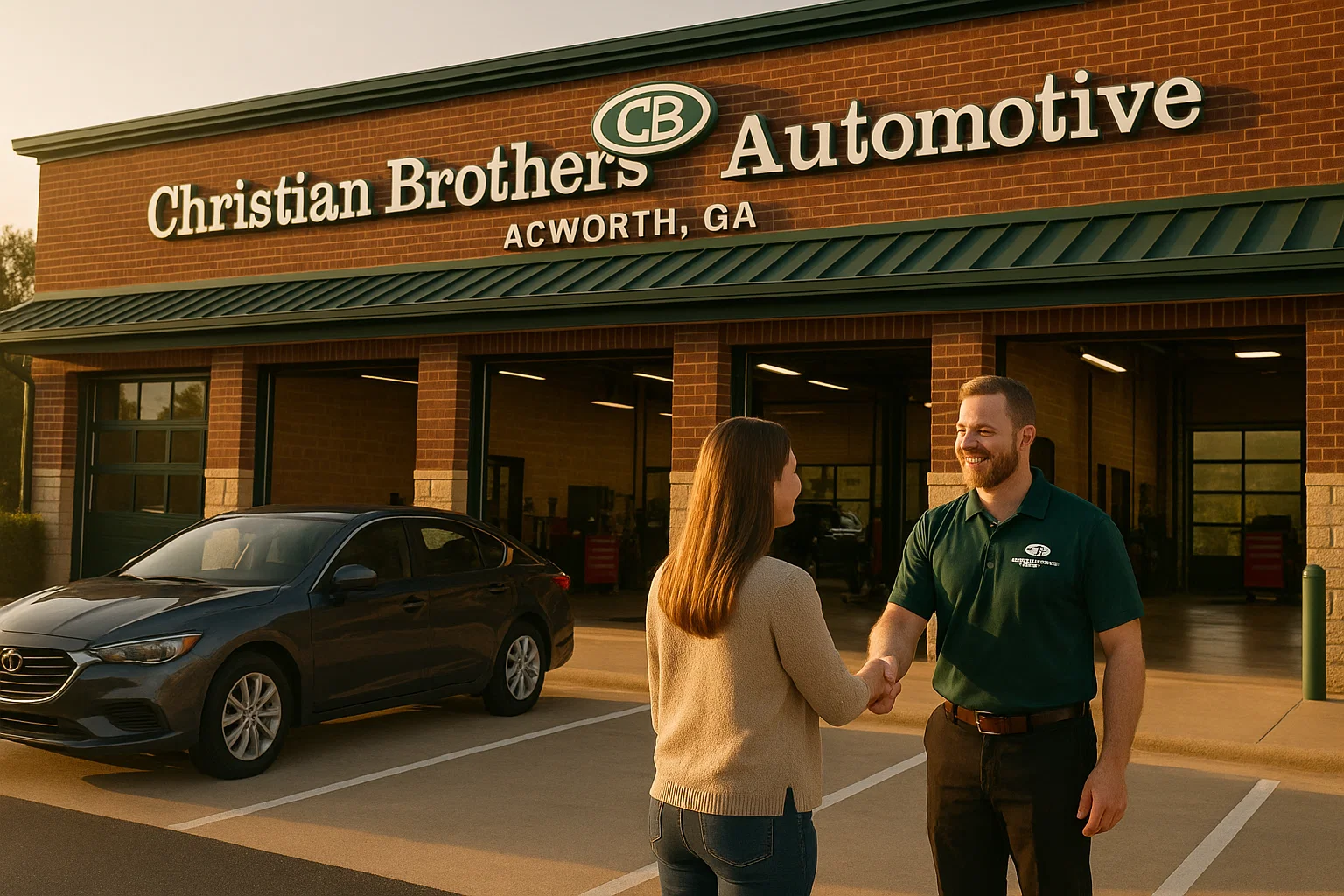 Christian Brothers Automotive Acworth Georgia exterior with staff greeting customers in morning sunlight