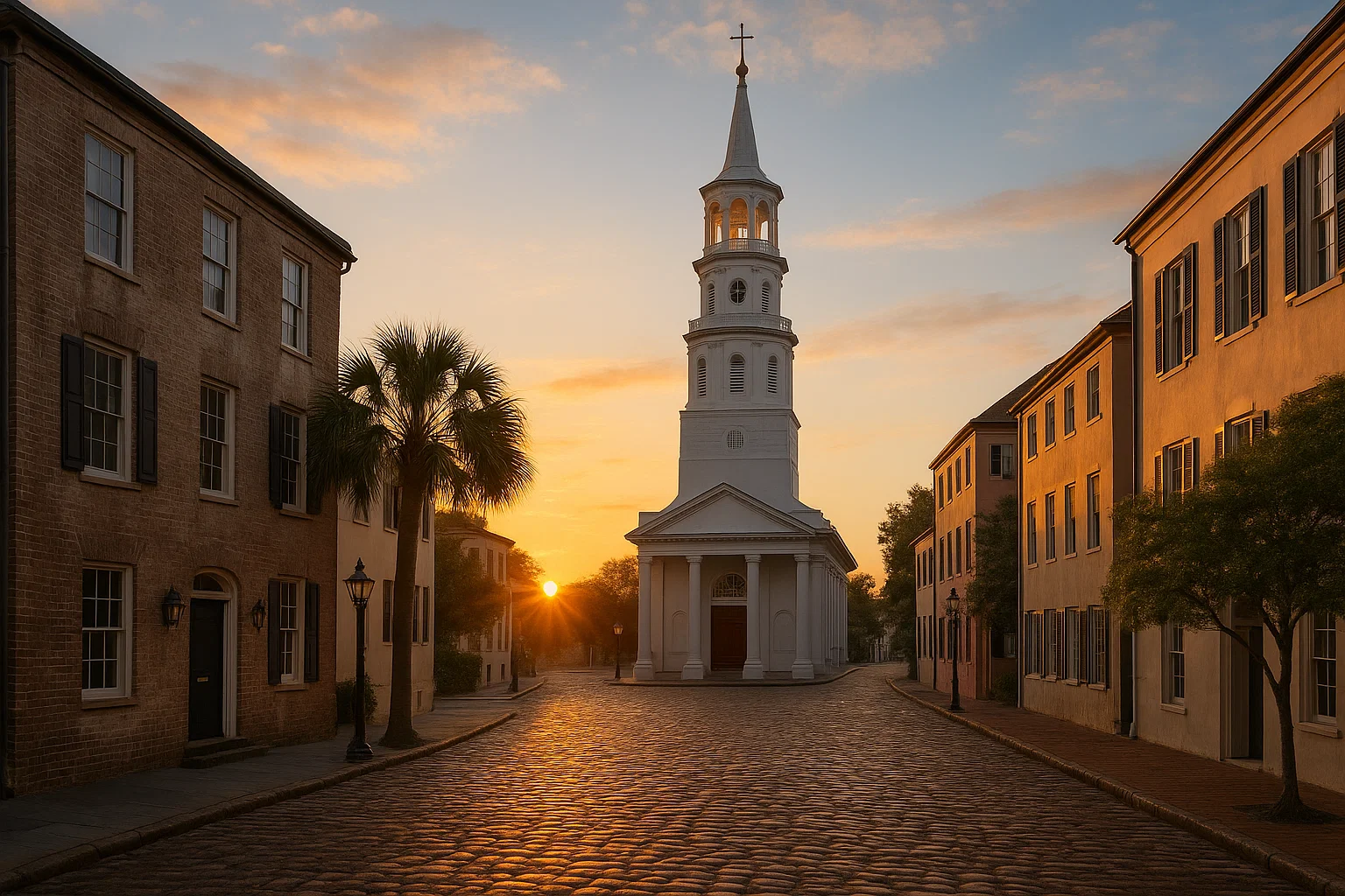 Historic steeple of First Baptist Church Charleston SC during sunrise