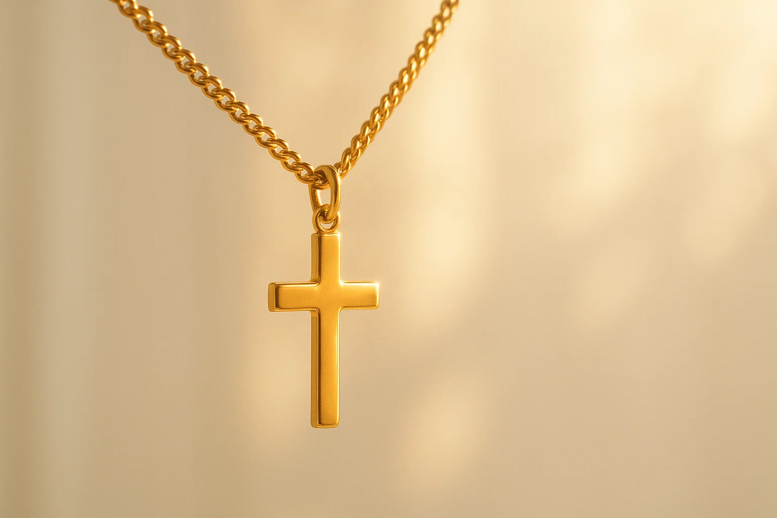 gold cross necklace glowing in sunlight symbolizing faith