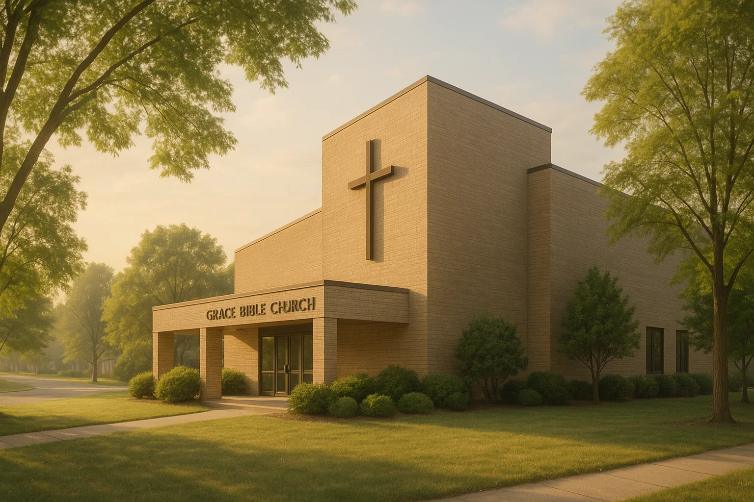Exterior of Grace Bible Church Ann Arbor surrounded by warm morning light
