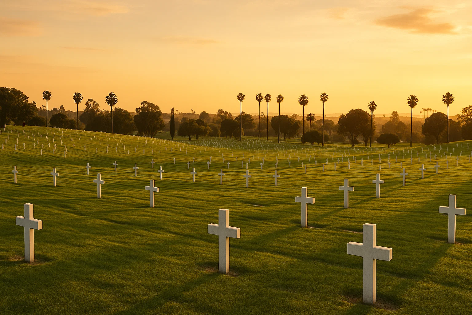 Scenic view of Holy Cross Cemetery California under sunset light