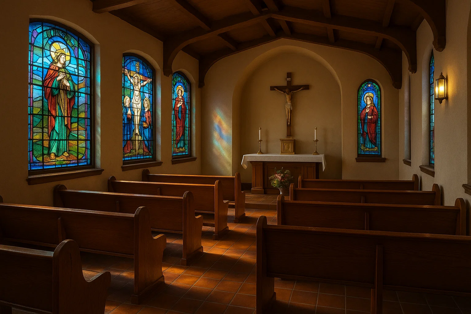 Stained-glass chapel inside Holy Cross Cemetery California