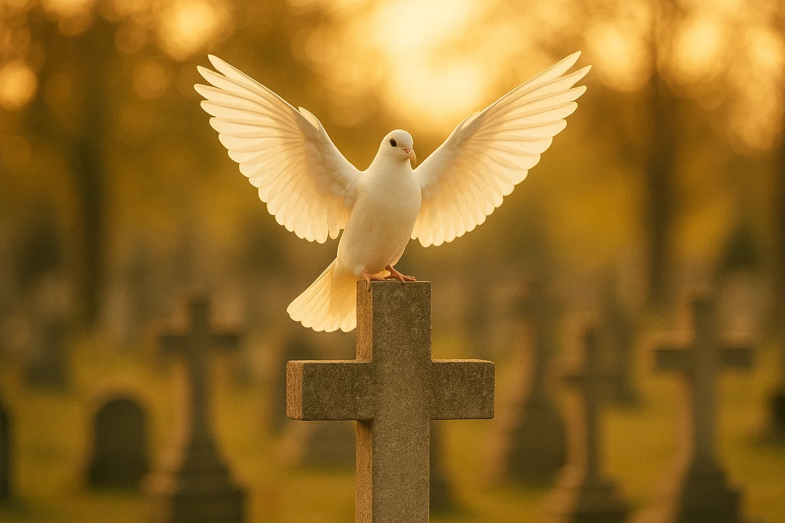 White dove above cemetery cross symbolizing peace at Holy Cross Cemetery