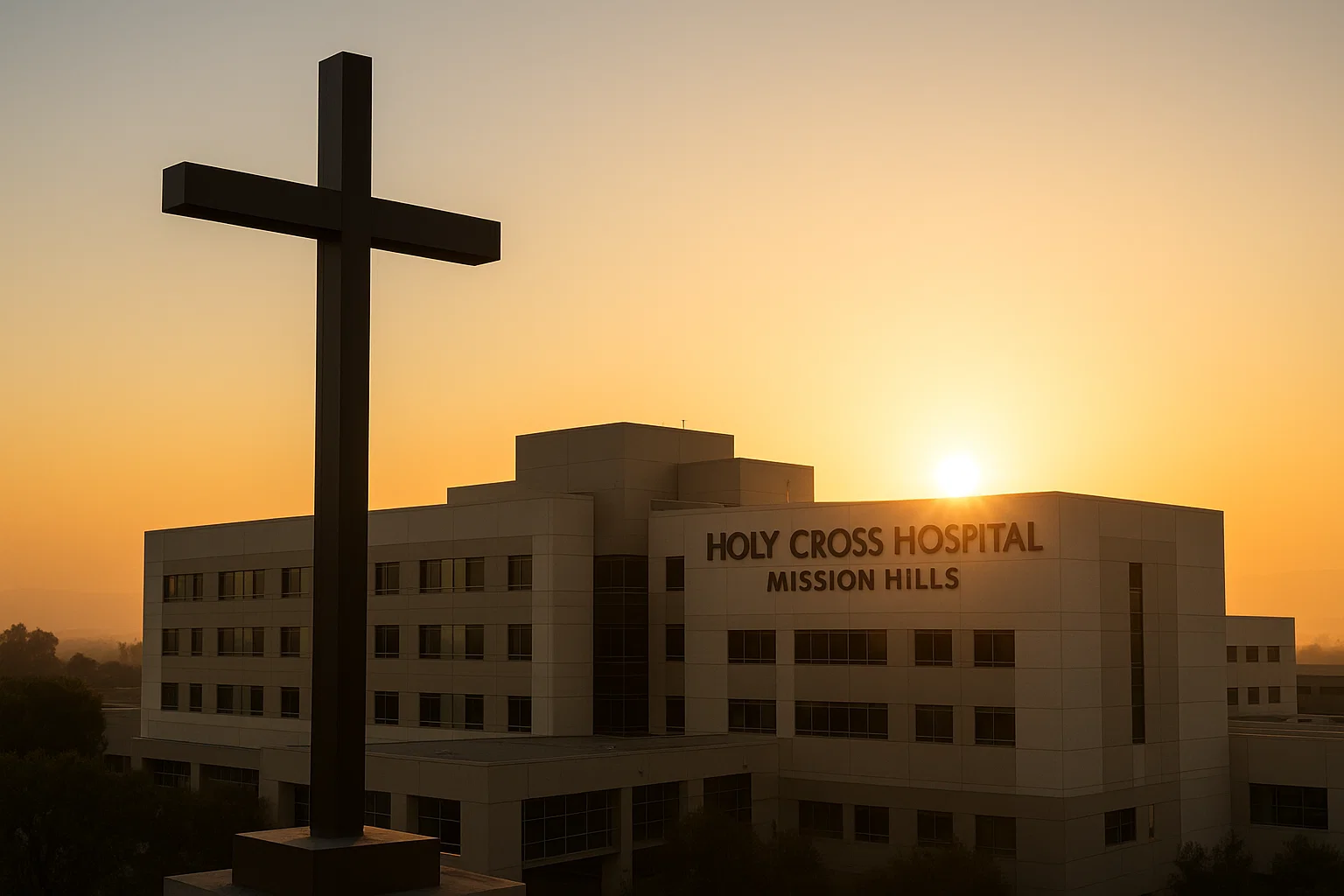 Sunrise view of Holy Cross Hospital Mission Hills symbolizing faith and healing
