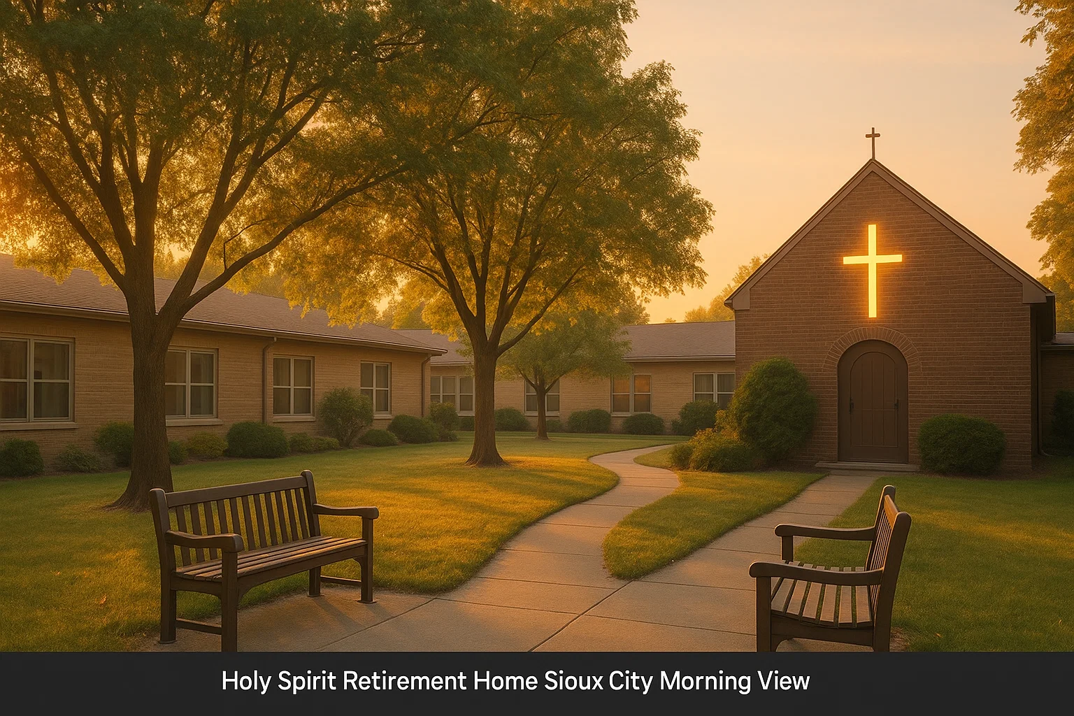 Peaceful retirement home courtyard in Sioux City symbolizing faith and care