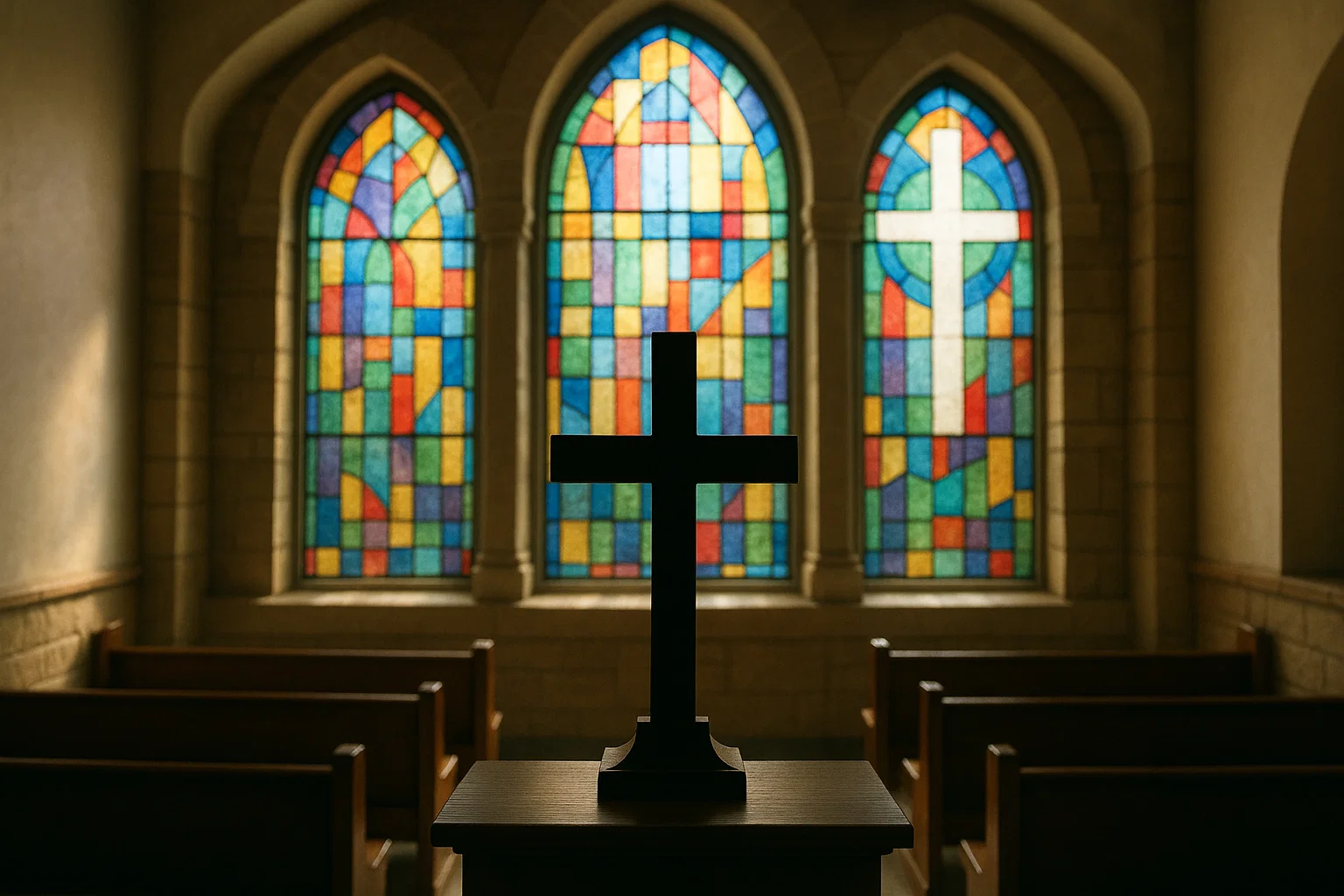 Hospital chapel window with cross symbolizing faith and mercy