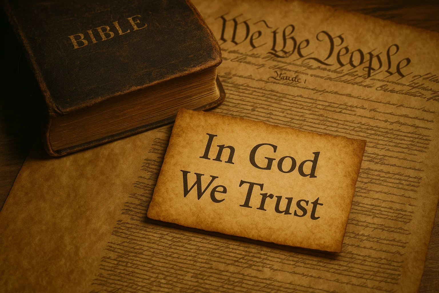 In God We Trust phrase near a Bible and U.S. Constitution