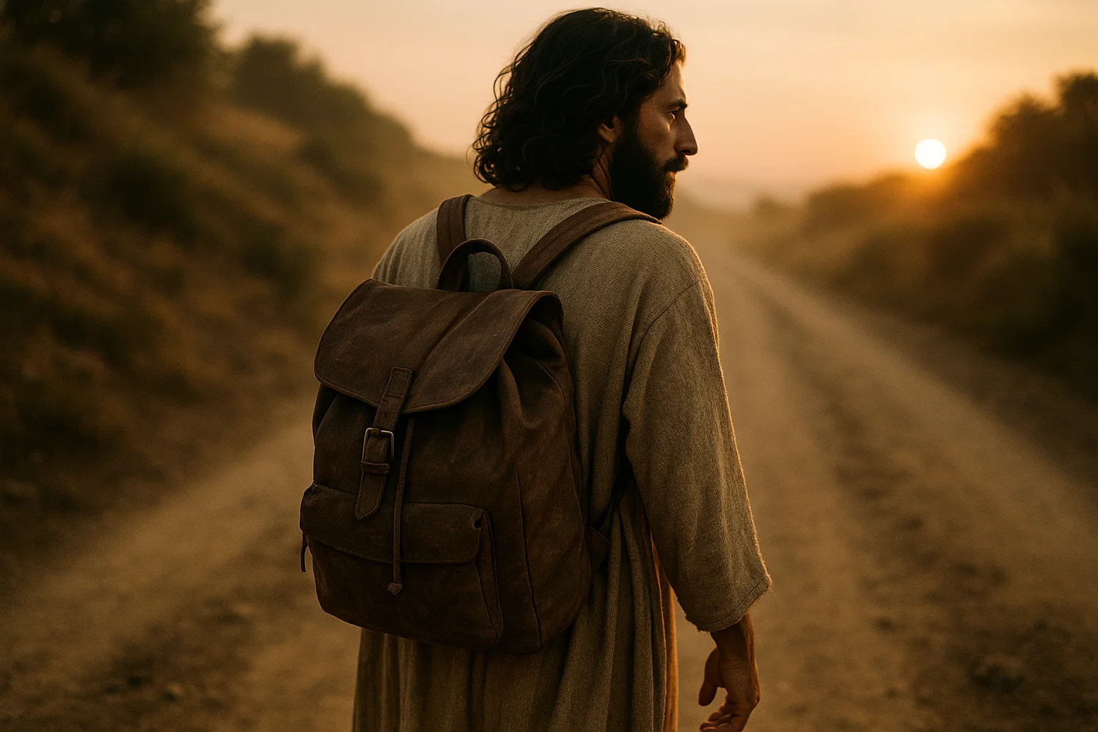 Jesus carrying a simple backpack on a dusty Galilean path