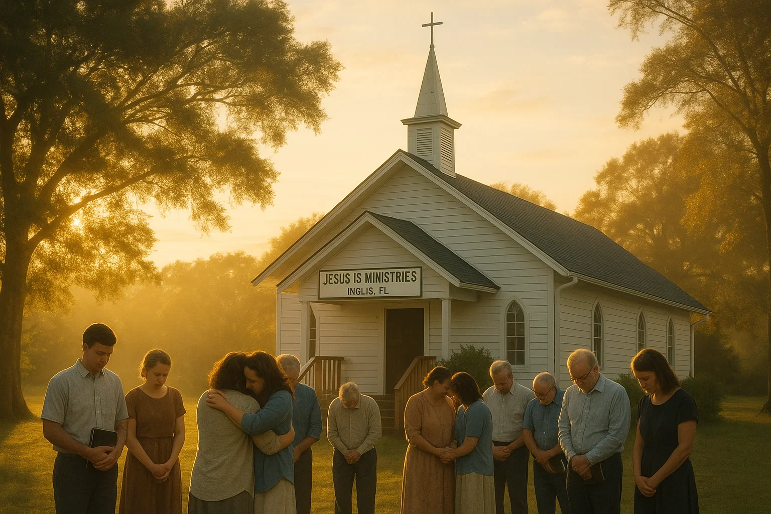 Worshippers outside Jesus Is Ministries Inglis FL at sunrise, symbolizing unity and living faith