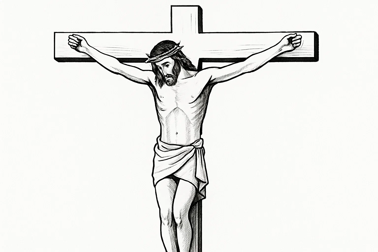 Simple black and white drawing of Jesus on the cross