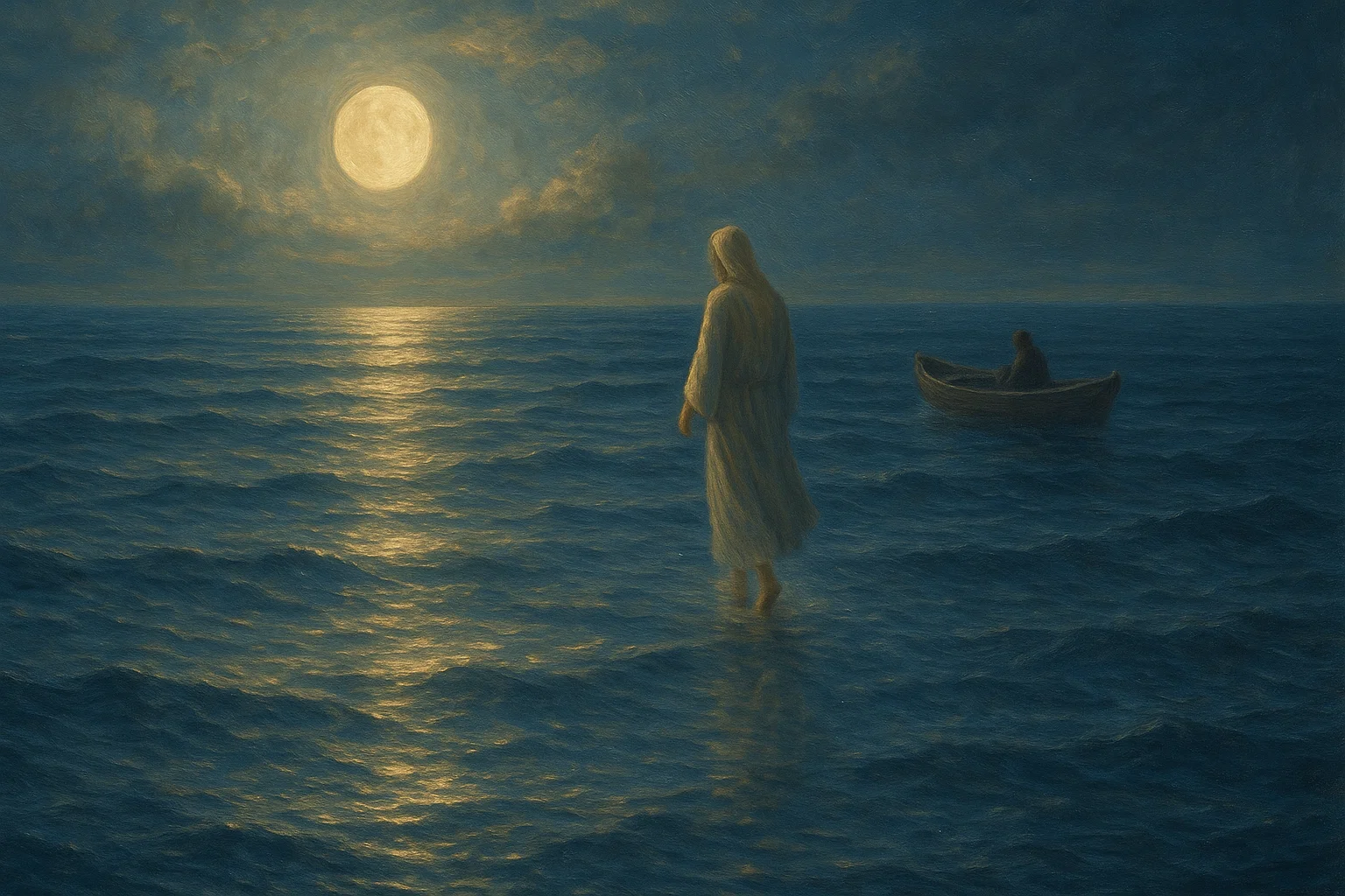 Peaceful ocean artwork of Jesus walking on water