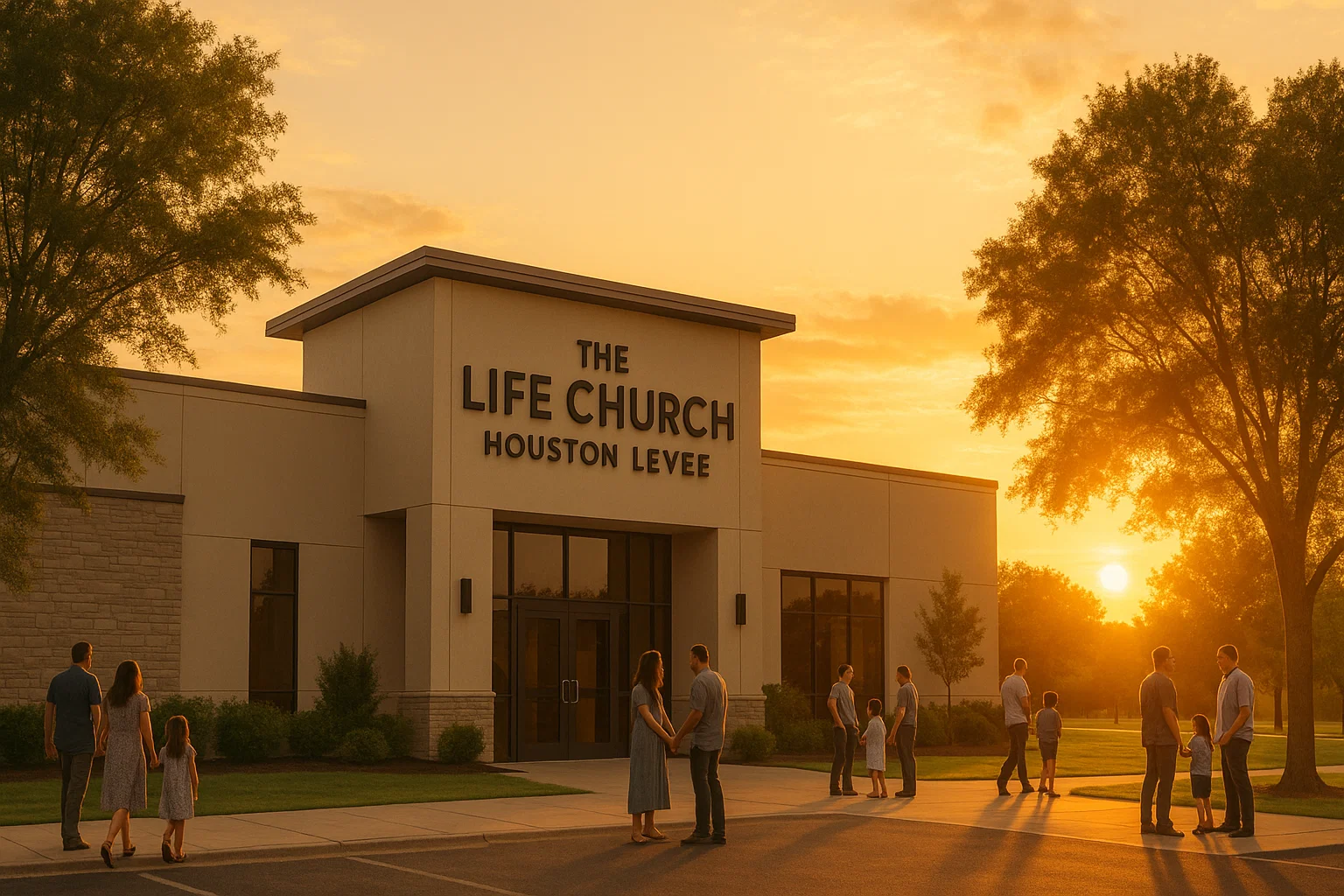 Modern church building of Life Church Houston Levee at sunrise