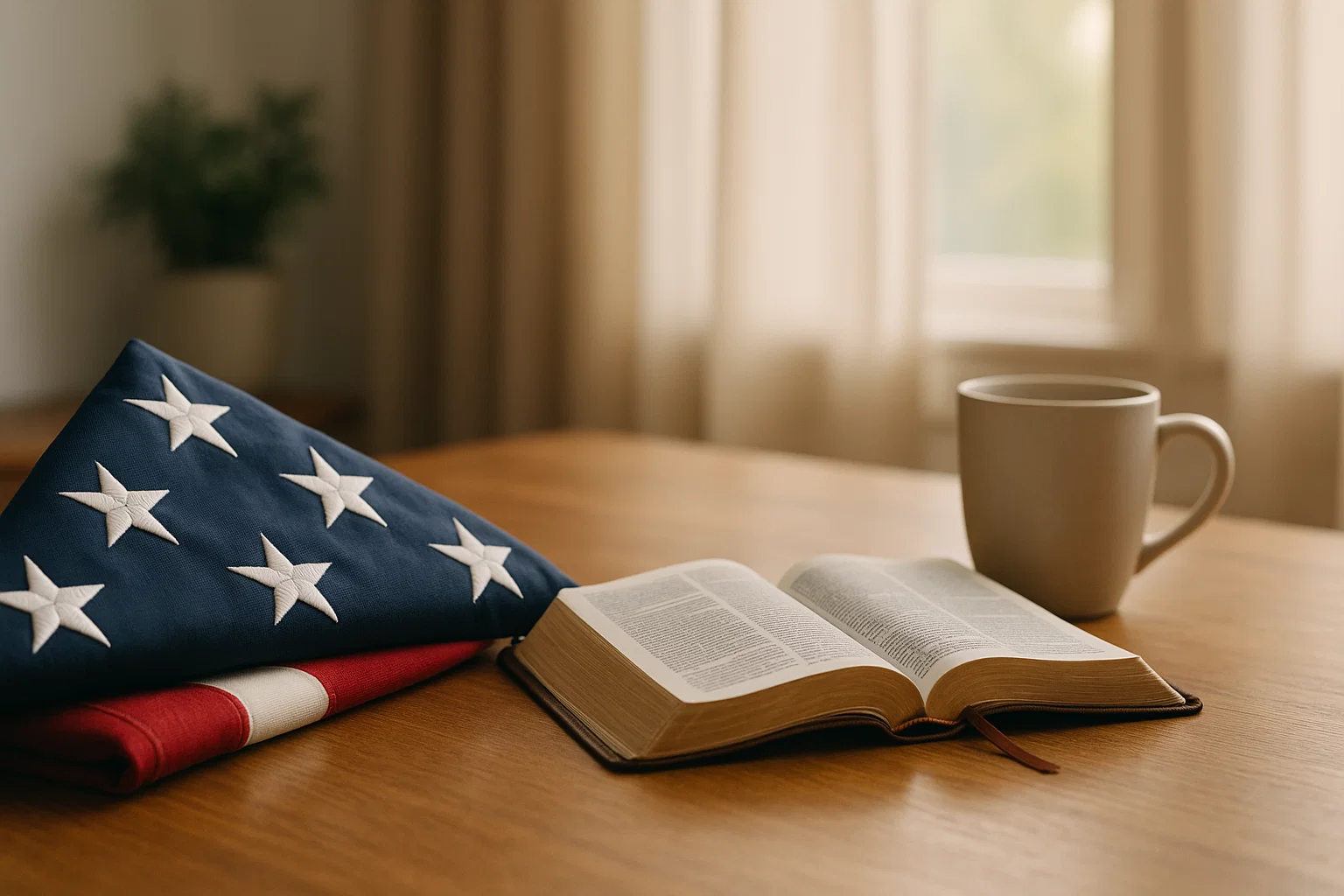 Bible and folded flag symbolizing faith and debt forgiveness