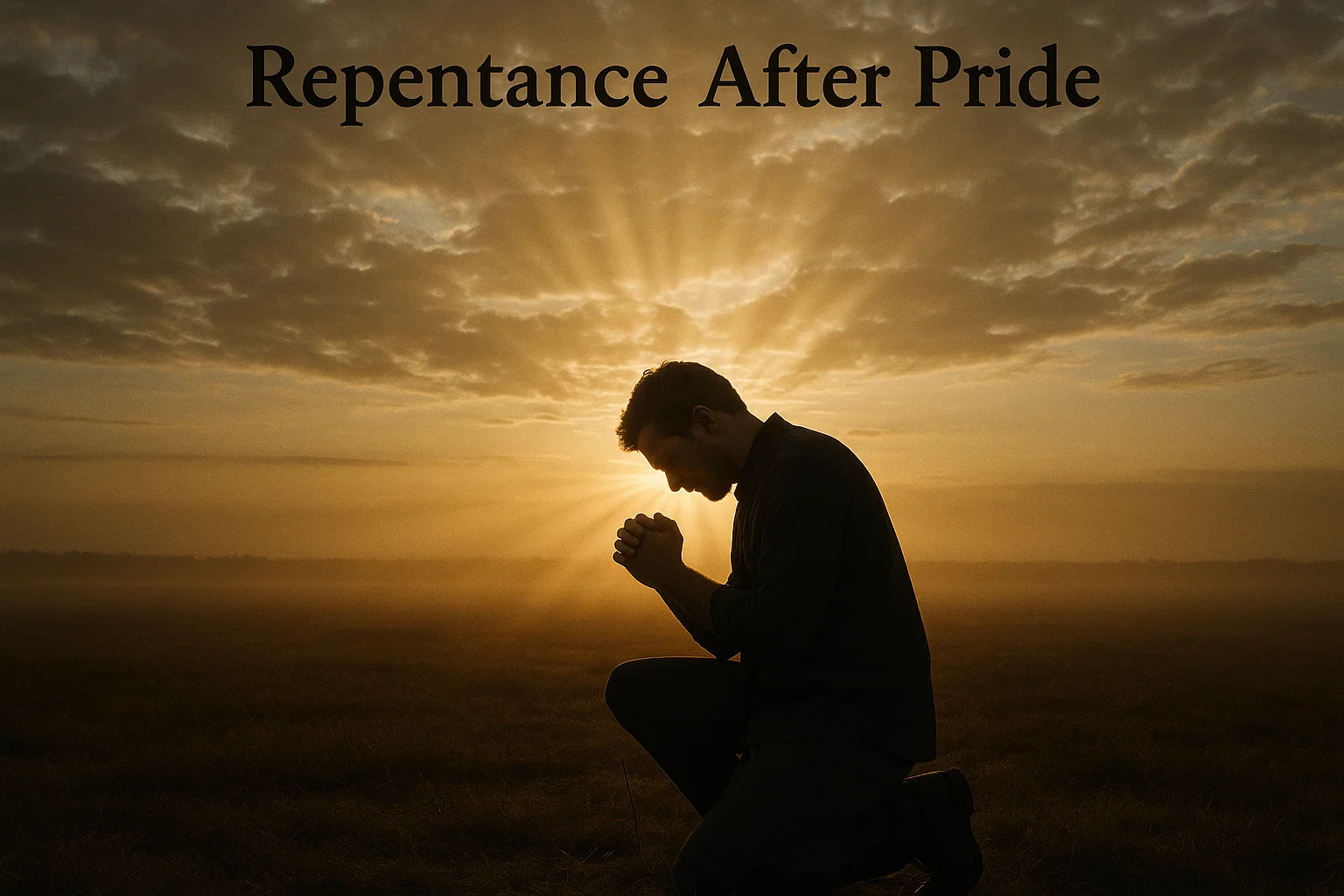 Person kneeling in repentance under dawn light