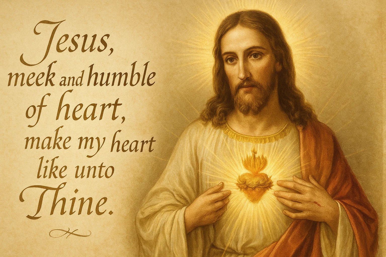 Sacred Heart of Jesus with glowing heart and golden quotes about divine love and humility