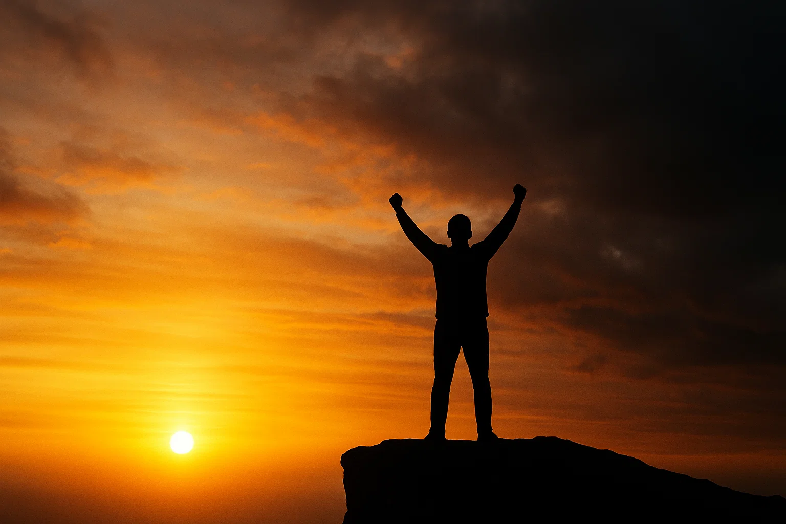 silhouette person on cliff sunrise arms raised victory