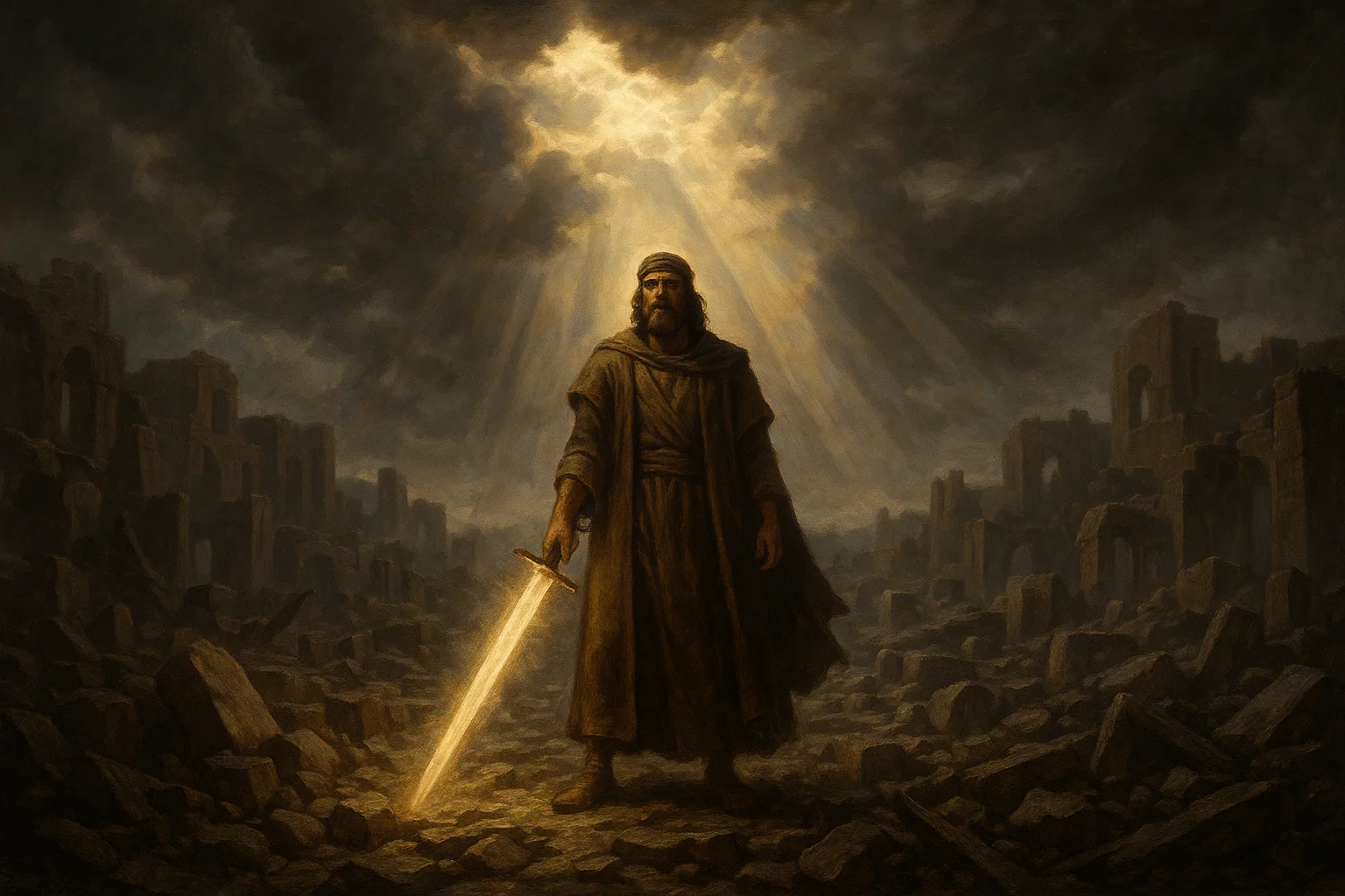 Biblical artwork of the Sword God standing in a fallen world with light shining through darkness