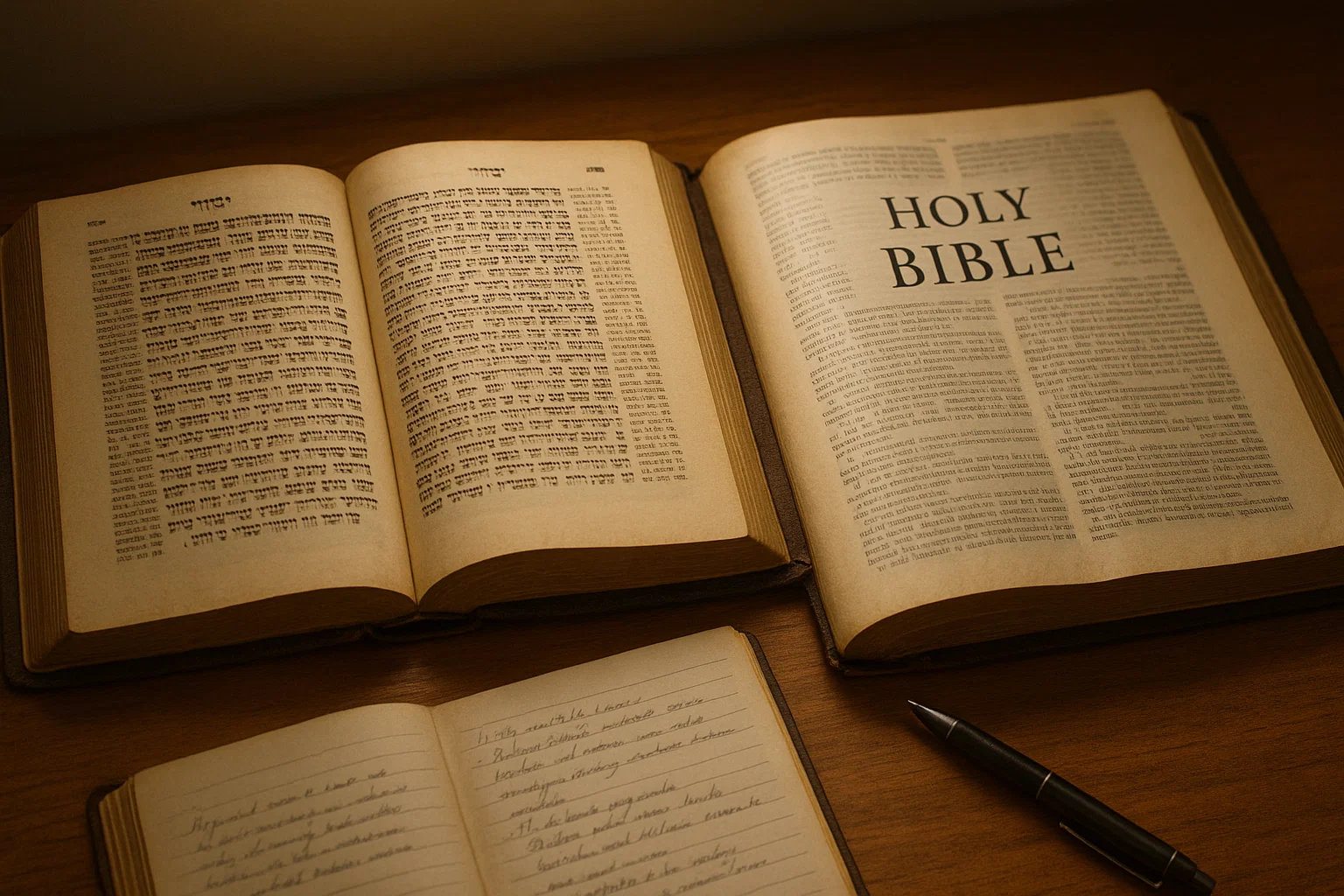 Open Hebrew Talmud and Bible side by side with warm study lighting, symbolizing dialogue between faiths