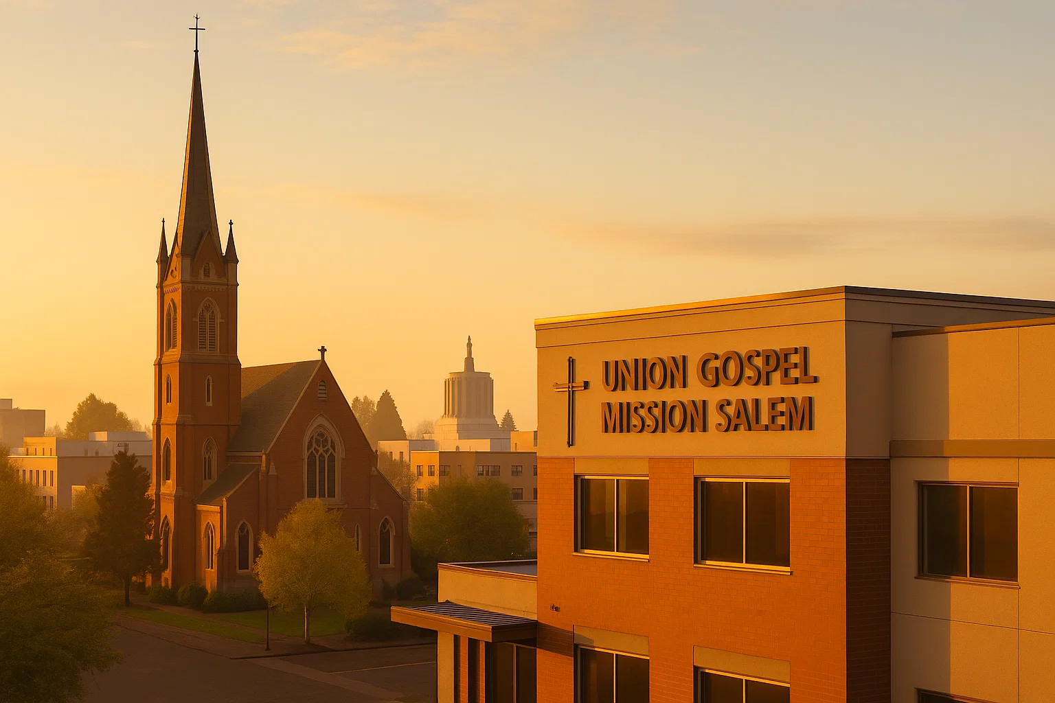 Union Gospel Mission Salem building at sunrise showing faith and hope