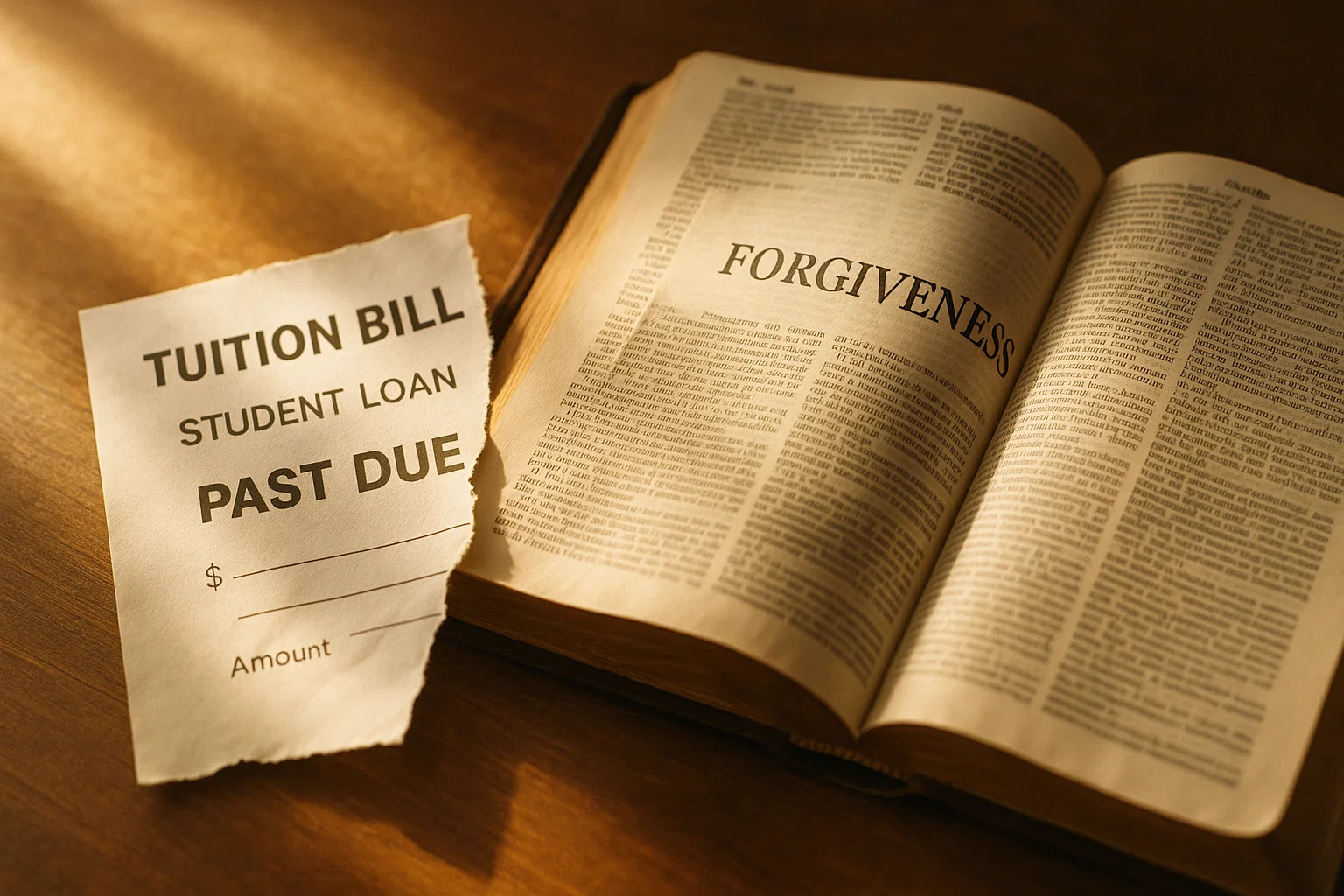 torn tuition bill beside open Bible showing forgiveness