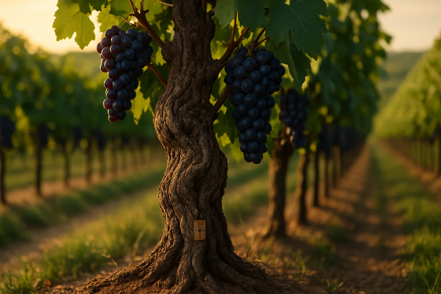 Close-up of a vine trunk with branches and grapes in a vineyard, symbolizing the biblical metaphor of Jesus as the vine and believers as the branches.