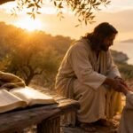 Open Bible beside two people showing kindness and compassion in a peaceful sunrise setting