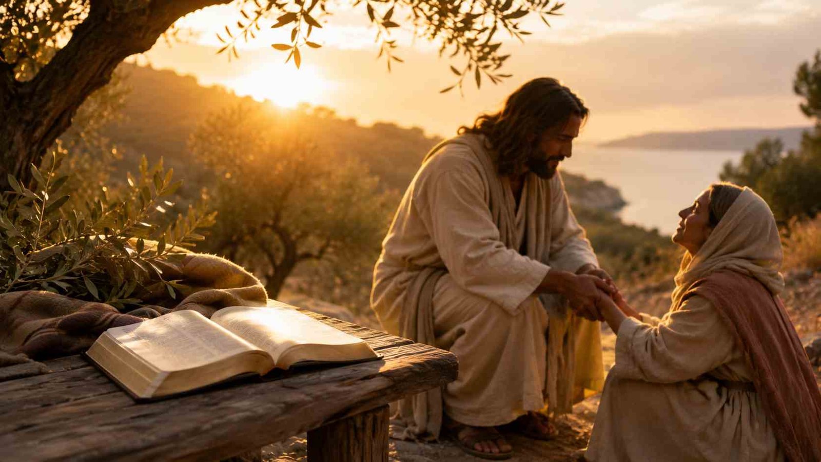 Open Bible beside two people showing kindness and compassion in a peaceful sunrise setting