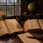 Old poetry book and Bible on wooden desk symbolizing wisdom, truth, and moral reflection