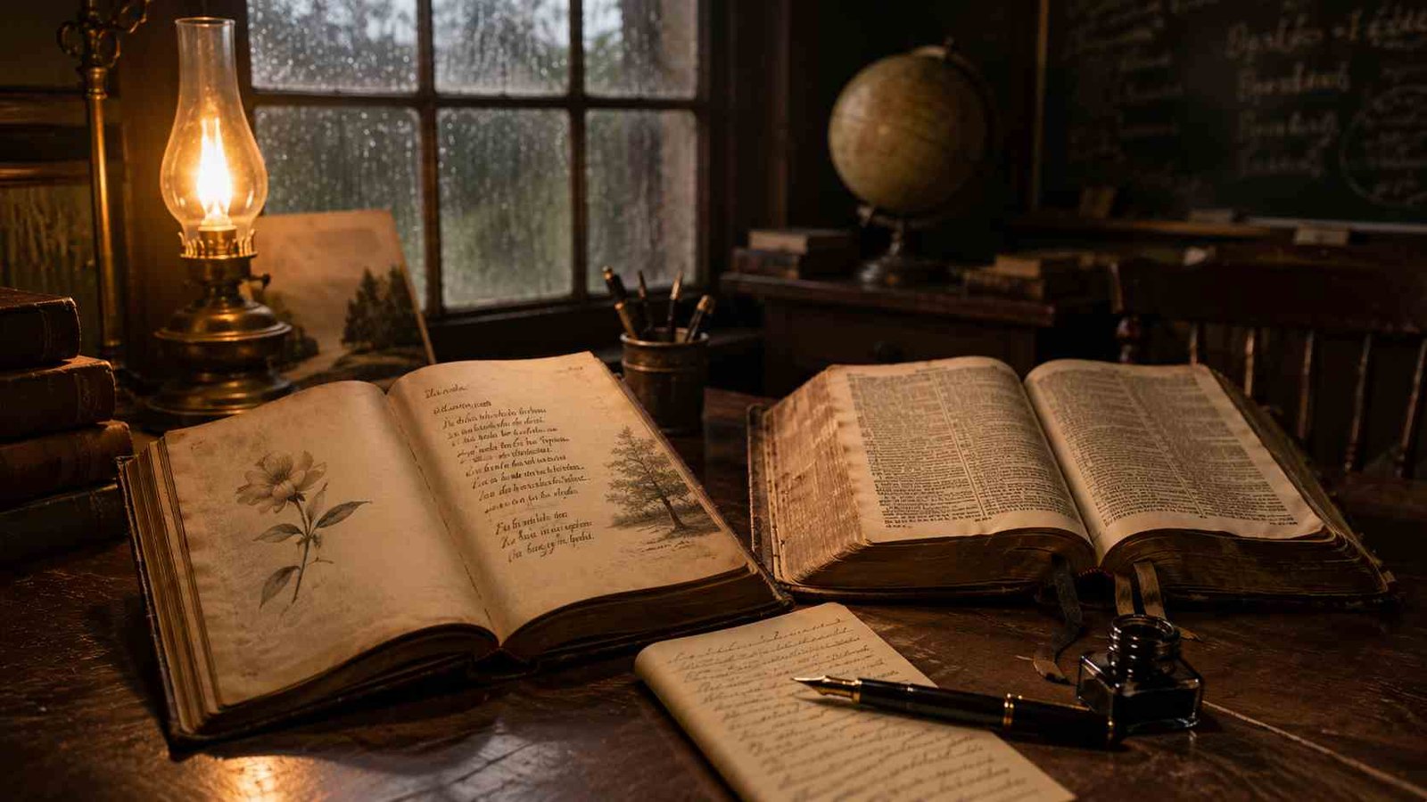 Old poetry book and Bible on wooden desk symbolizing wisdom, truth, and moral reflection