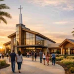 Modern Mosaic Church campus in Winter Garden Florida during sunset with welcoming entrance