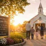 Outdoor church sign sharing a short encouraging Christian message beside a peaceful church building