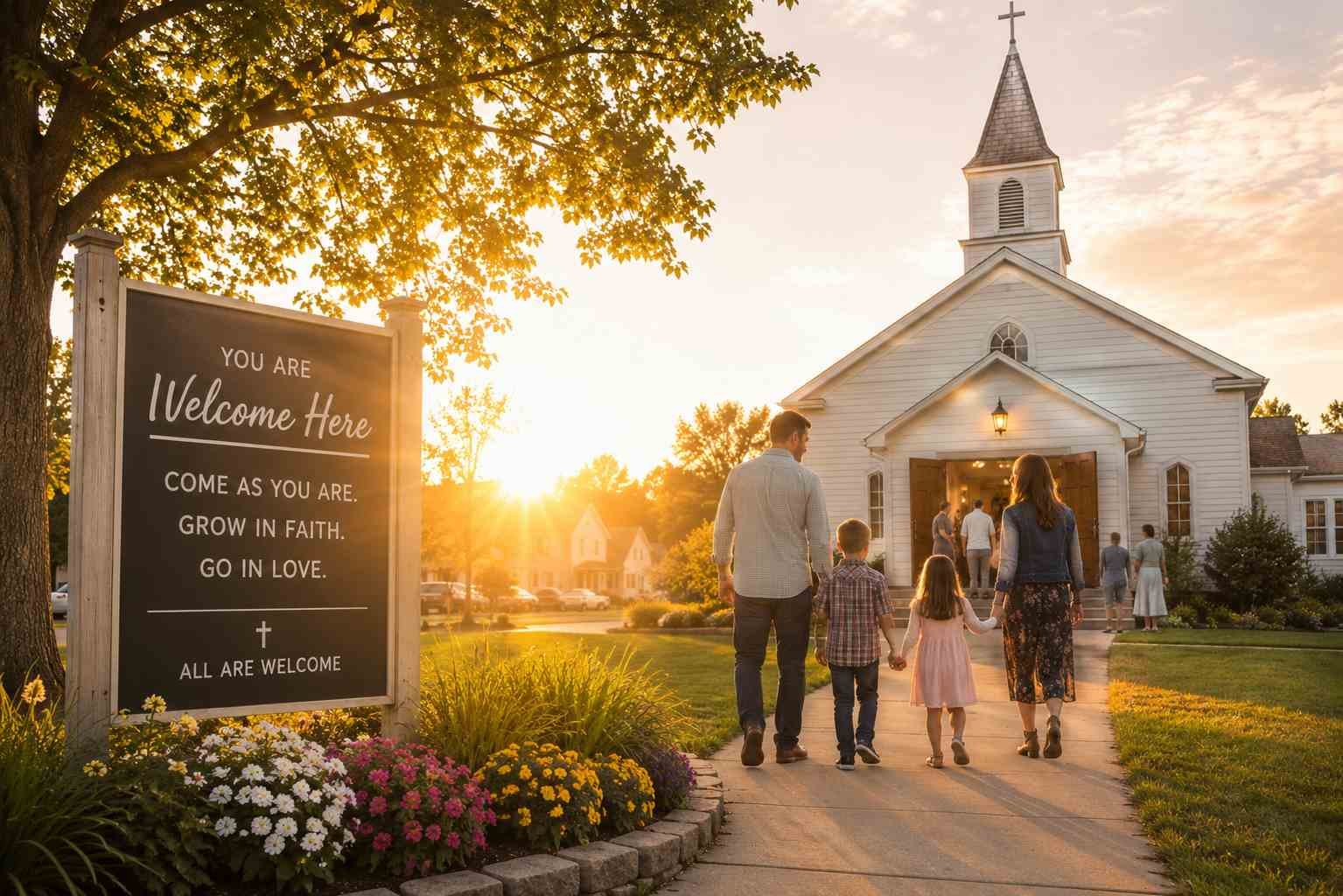 Outdoor church sign sharing a short encouraging Christian message beside a peaceful church building