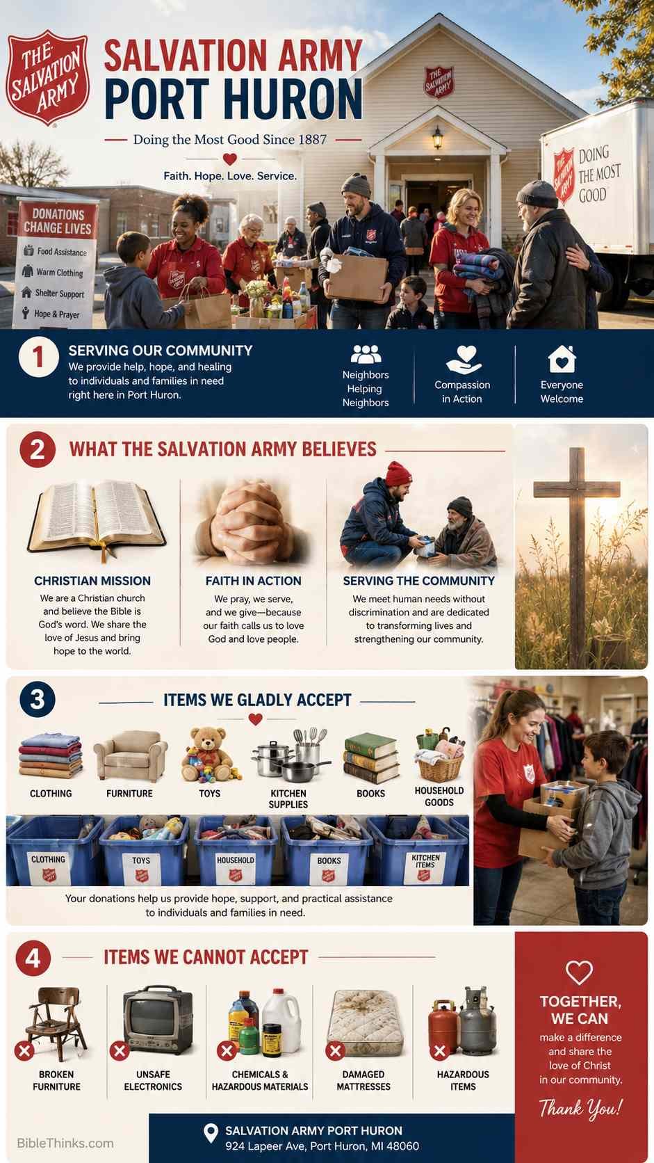 Infographic showing Salvation Army Port Huron services, accepted donations, faith mission, and community support